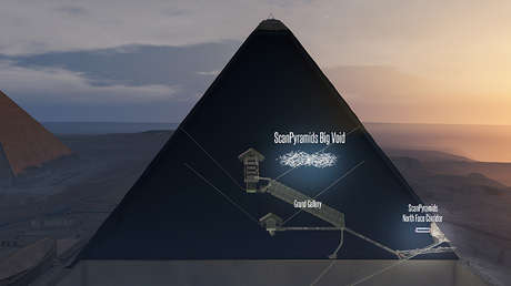 Imagen generada por ordenador que muestra la cavidad vacía y la Gran Galería de la Gran Pirámide de Guiza, Egipto. 