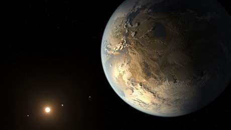 Representación artística de Kepler-186f, el primer exoplaneta de un tamaño equiparable con la Tierra confirmado en orbitar su astro a una distancia que le permite mantener el agua líquida