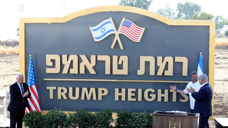 Benjamín Netanyahu y David Friedman inauguran el asentamiento 'Altos de Trump, en los Altos del Golán ocupados por Israel, el 16 de junio de 2019