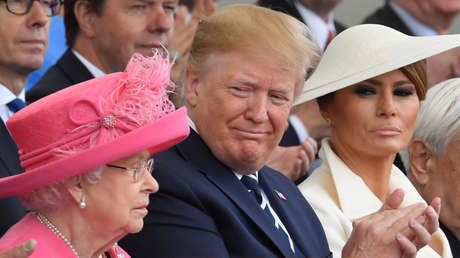 La reina Isabel II, el presidente de EE.UU., Donald Trump, y la primera dama, Melania Trump, en Portsmouth, Reino Unido, el 5 de junio de 2019.