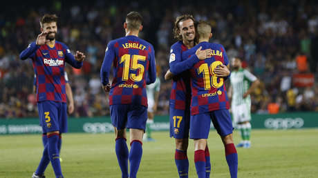 Varios jugadores del F.C. Barcelona durante el encuentro liguero en el que su equipo recibió al Real Betis Balompié, 25 de agosto de 2019.