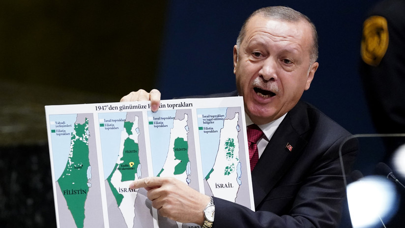 "Â¿DÃ³nde empieza y termina el territorio israelÃ­?": Erdogan exhibe a la ONU un mapa "sin presencia palestina" y denuncia la expansiÃ³n de Israel (VIDEO)