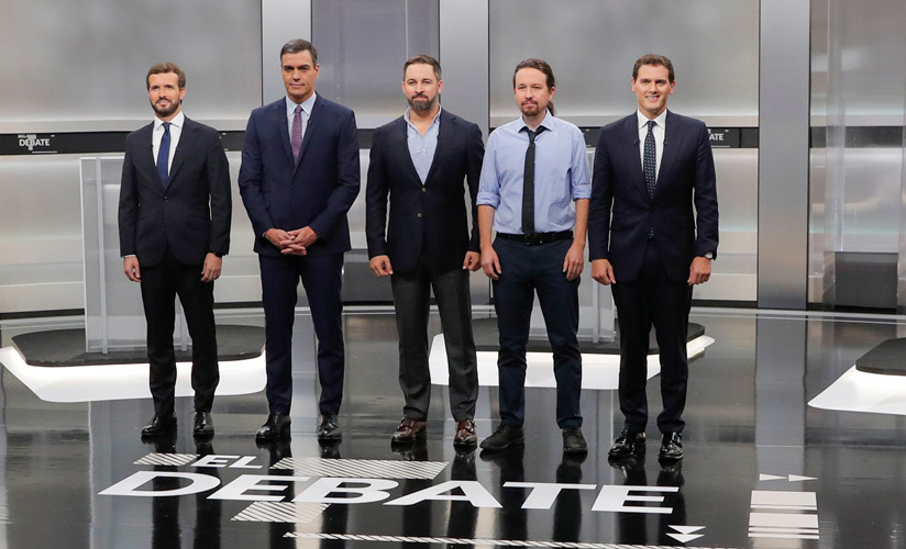 Casado, Sánchez, Abascal, Iglesias y Rivera en el único debate a cinco de la campaña. 4 de noviembre de 2019.