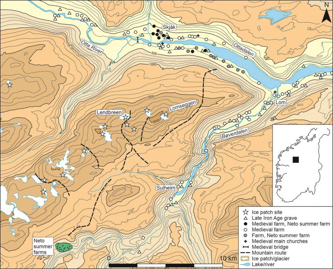 Mapa de las rutas antiguas en el glaciar de Lendbreen.