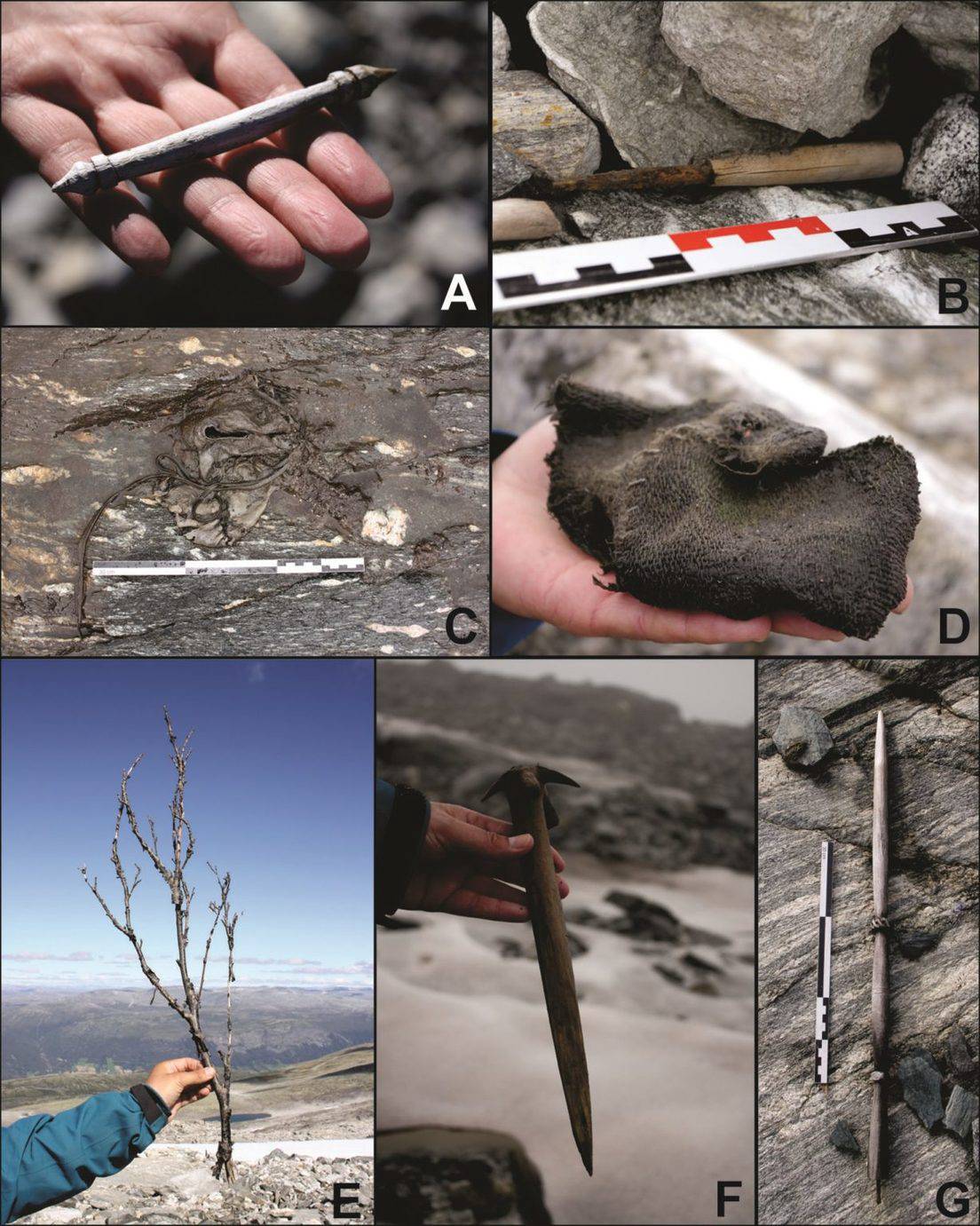 Objetos relacionados con la ropa y la vida cotidiana: A) dispositivo para evitar que un animal joven sea amamantado B) cuchillo; C) zapato; D) manopla; E) forraje de hojas; F) batidor y/o clavija; G) rueca.