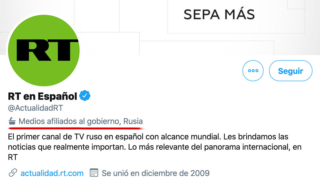 Twitter marca RT y Sputnik como medios afiliados al Gobierno ruso, pero obvia la misma mención con la BBC, NPR o VOA