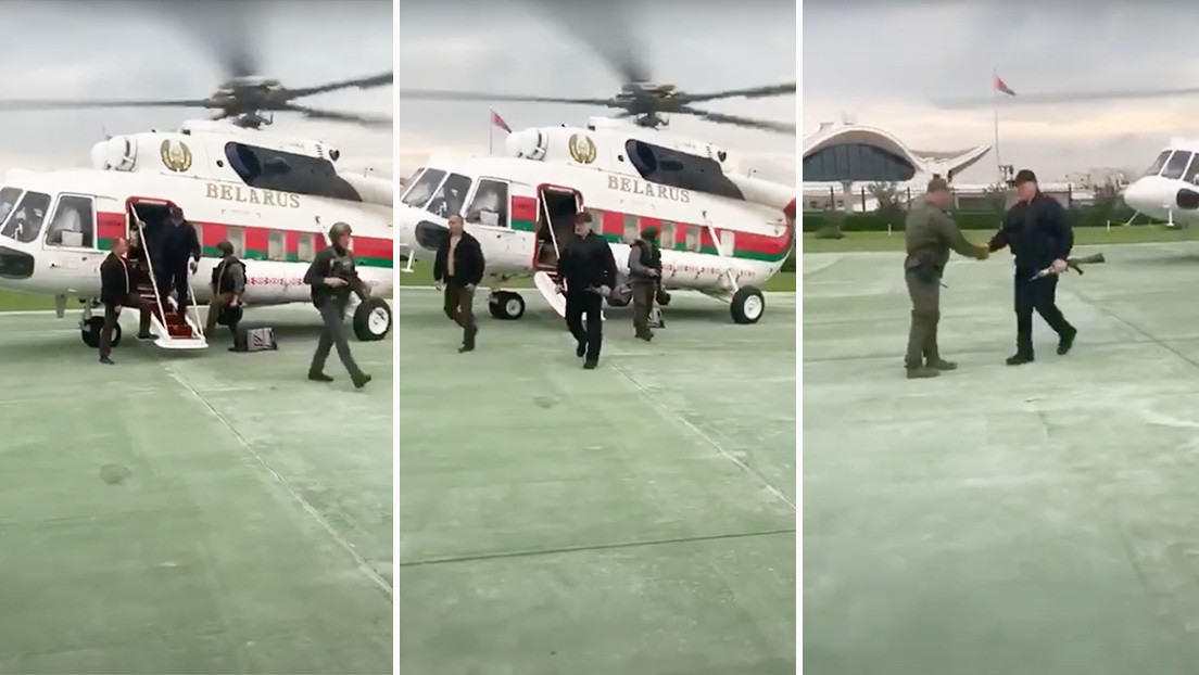 VIDEO: Lukashenko se baja de un helicóptero con un fusil mientras la oposición protesta cerca de su residencia