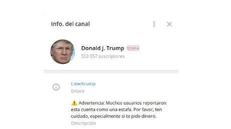 Telegram marks as 'staff' the channel 'Donald J. Trump', with more than 550,000 followers