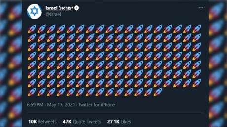 La cuenta oficial de Israel en Twitter publica un emoji de cohete por cada misil disparado desde la Franja de Gaza y recibe duras críticas