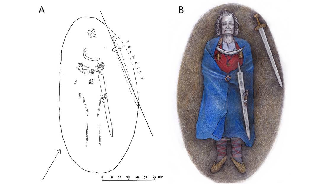Reconstrucción artística del enterramiento de un guerrero finlandés vestido con ropa de mujer.