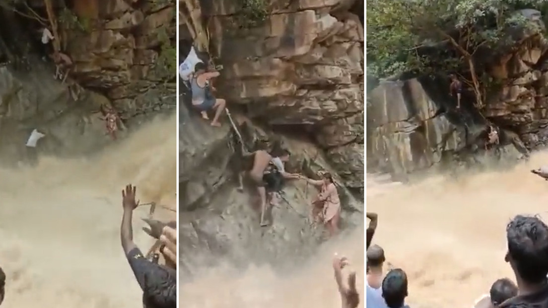 VIDEO: Rescatan a una mujer y a su hijo que quedaron atrapados junto a una cascada por las inundaciones en la India