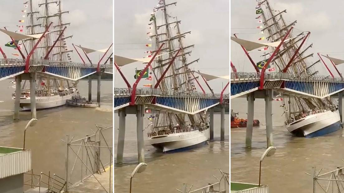 VIDEOS: Momento en el que un buque escuela de Brasil colisiona con un  puente peatonal en un puerto de Ecuador - RT