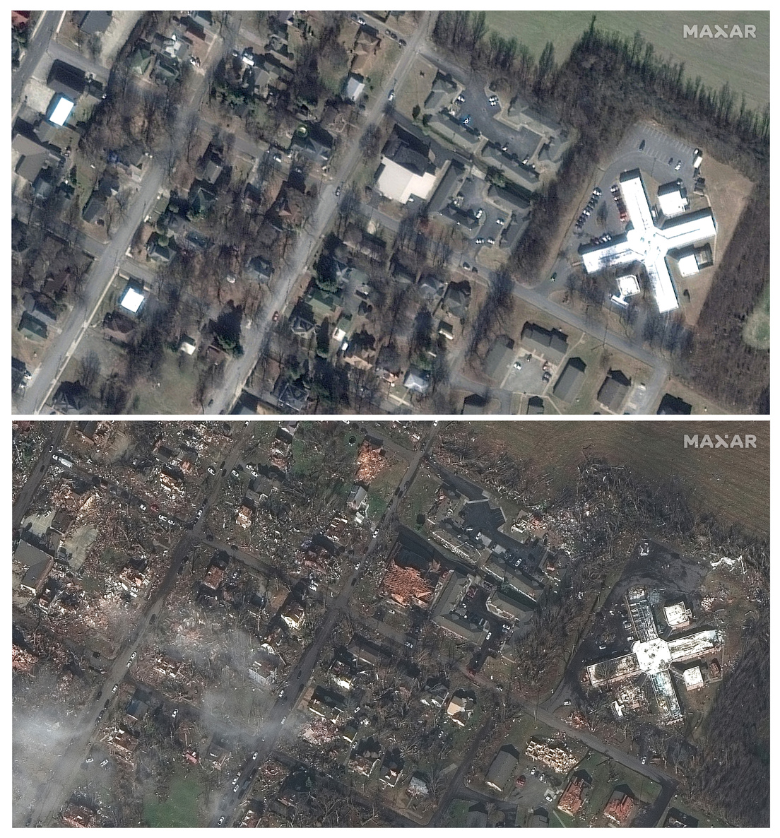 El centro de Mayfield antes y después de los tornados del pasado 11 de diciembre, Kentucky, EE.UU.