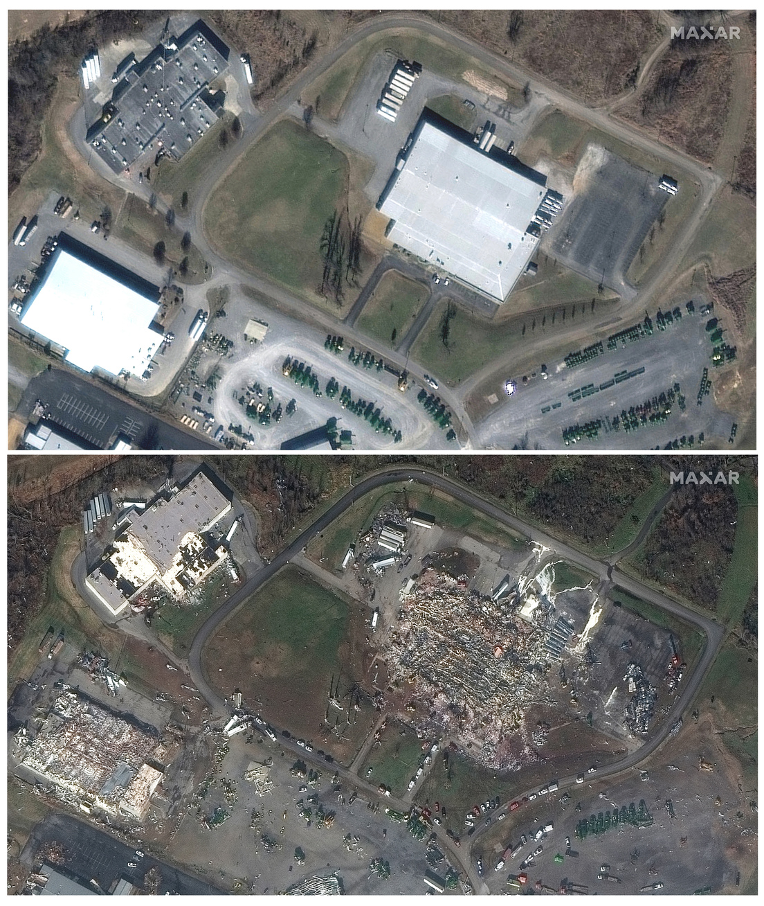 La fábrica de velas Mayfield Consumer Products antes y después de los tornados del pasado 11 de diciembre, Kentucky, EE.UU.