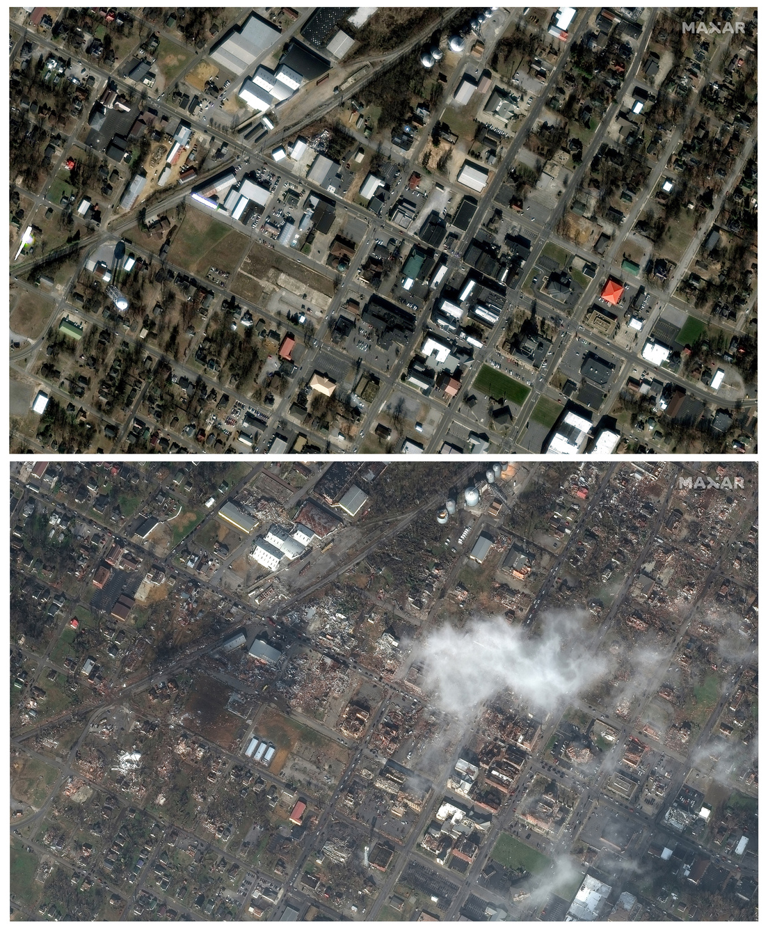 La ciudad de Mayfield antes y después de los tornados del pasado 11 de diciembre, Kentucky, EE.UU.