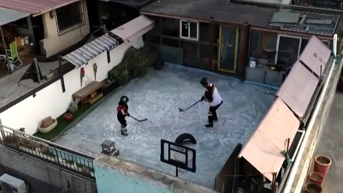 VIDEO: Un jubilado convierte su terraza en una pista de hielo para practicar hockey con su nieto durante el confinamiento