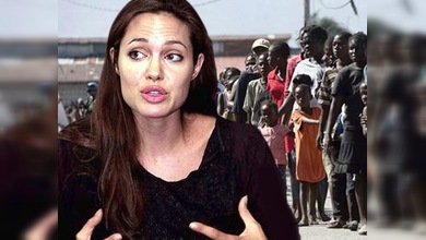 Angelina Jolie con las víctimas de Haití