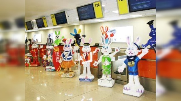 Marcha de conejos y fotoespíritu de la aviación en aeropuerto moscovita