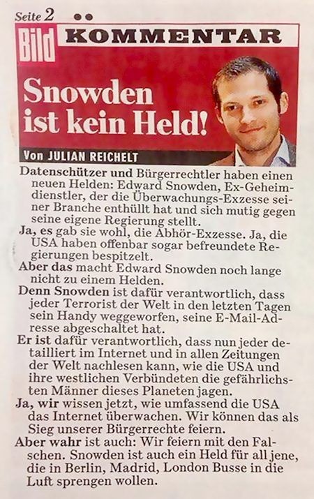 PR-Sklave der NSA: Julian Reichelt nennt Edward Snowden "Held des globalen Terrorismus"