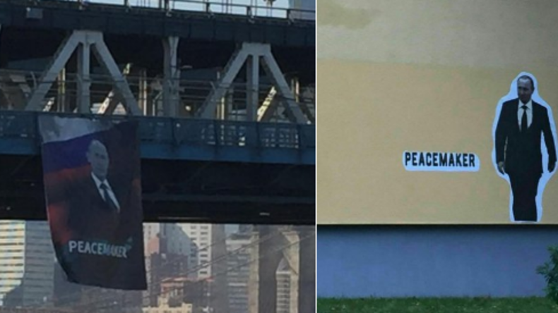 Überraschung für Putin: „Friedensstifter“-Banner und -Graffiti in New York und Dresden