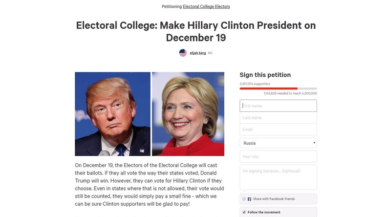 Mehr als 3 Millionen US-Bürger rufen das Wahlmännerkollegium auf, für Hillary Clinton zu stimmen