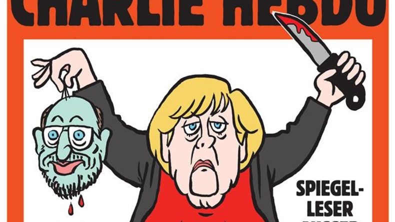 Charlie Hebdo stellt Angela Merkel mit abgeschnittenem Kopf von Martin Schulz dar