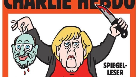 Charlie Hebdo stellt Angela Merkel mit abgeschnittenem Kopf von Martin Schulz dar