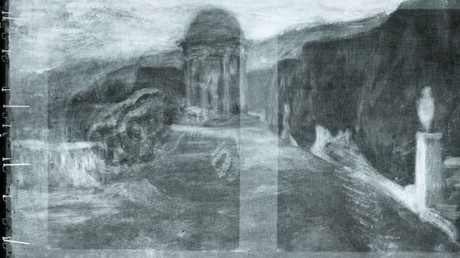 Forscher entdecken Landschaft und übermalte Hand unter Picasso-Bild