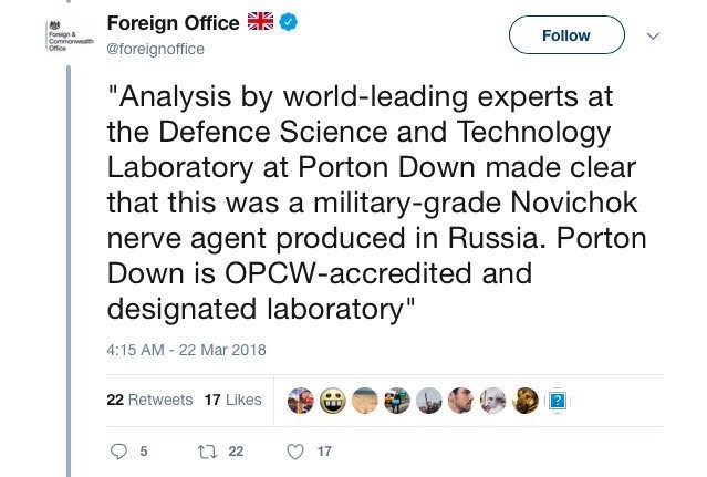 Britisches Außenamt: Wir haben niemals behauptet, dass das Nervengift Nowitschok aus Russland stammt