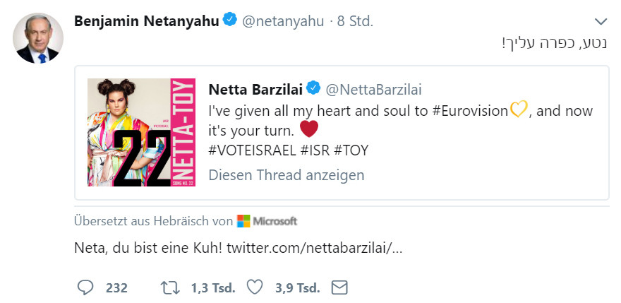 "Du bist eine Kuh!": Twitter-Übersetzer beleidigt ESC-Siegerin und bringt Israels Premier in Verruf