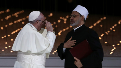 Papst Franziskus und der Großimam von al-Azhar, Scheich Ahmed al-Tayeb, in Abu Dhabi, Vereinigte Arabische Emirate, 4. Februar 2019