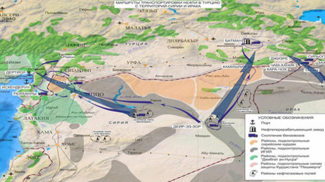 Map, images from Russian military show main routes of ISIS oil smuggling to Turkey