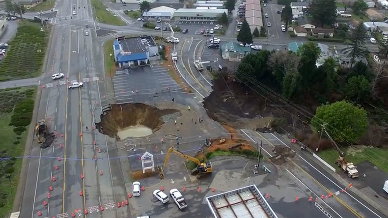 Spectacular drone footage shows ‘monster’ sinkhole along Oregon highway