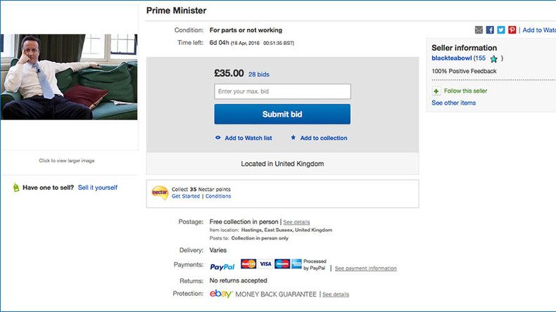‘Used prime minister’ David Cameron up for sale on eBay 