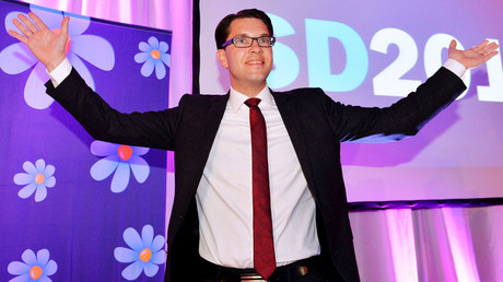 Party leader Jimmie Akesson celebrates at the election night party of the Sweden Democrats in Stockholm © Anders Wiklund