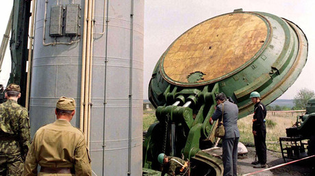 FILE PHOTO. A Soviet era SS-19 nuclear missile carrier is pulled out from it's silo at a military base in Krasilovo 300 km west from the capital Kiev May 14, 1997. © Reuters