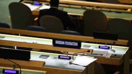  The seats for the Russian delegation are seen unoccupied during the session of the United Nations General Assembly at the U.N. Headquarters in New York. © Mike Segar / Reuters