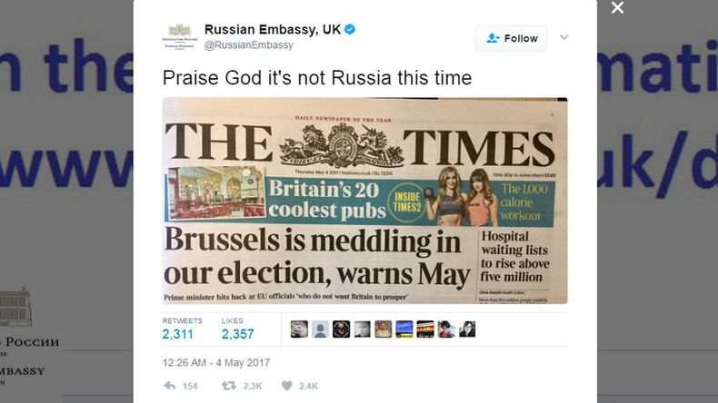 ‘Praise God it’s not Russia this time!’ Embassy trolls May over Brussels election meddling claim