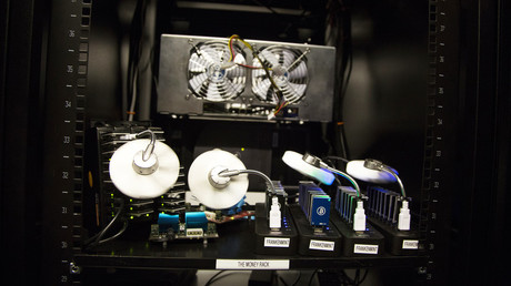 A rack of application-specific integrated circuits (ASICs) and block erupters used in Bitcoin mining. © Stephen Lam 