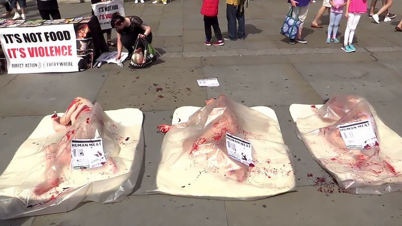 vegan activists strip off for "bloody" london protest (video)