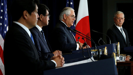 Japan's Defense Minister Itsunori Onodera (L-R), Japan's Foreign Minister Taro Kono, U.S. Secretary of State Rex Tillerson and U.S. Defense Secretary James Mattis hold a news conference, Washington, U.S., August 17, 2017. © Jonathan Ernst