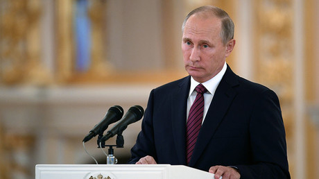 October 3, 2017. Russian President Vladimir Putin addresses the ceremony to present credentials of foreign ambassadors. The Grand Kremlin Palace's Alexander Hall. © Evgeny Biyatov