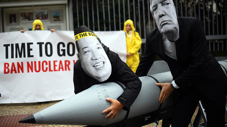 Activists of the International Campaign to Abolish Nuclear Weapons (ICAN) protest against the conflict between North Korea and the USA, Berlin, Germany, 13 September 2017. © Britta Pedersen / Global Look Press 