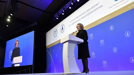 Federation Council Chairperson Valentina Matviyenko speaks at the opening of the 137th Assembly of the Inter-Parliamentary Union (IPU) at the Expoforum Convention and Exhibition Center in St. Petersburg. © Aleksey Nikolskyi