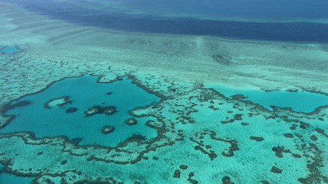 An aerial view of the Great Barrier Reef off the coast of the Whitsunday Islands, along the central coast of Queensland. © Sarah Lai