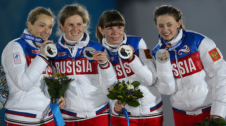 Silver medal winners in the women’s biathlon relay at the XXII Olympic Winter Games in Sochi © Vladimir Sergeev