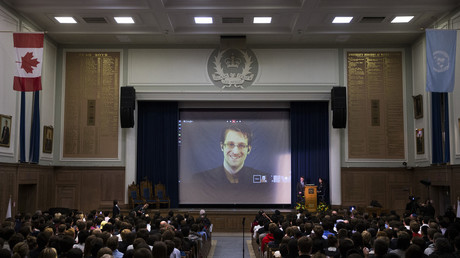 Edward Snowden appears live via video with journalist Glenn Greenwald. February 2, 2015. © Mark Blinch 