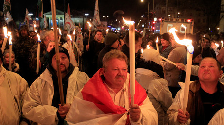 Supporters of Hungary's main opposition Jobbik party attend a torchlight demonstration in Budapest © Bernadett Szabo