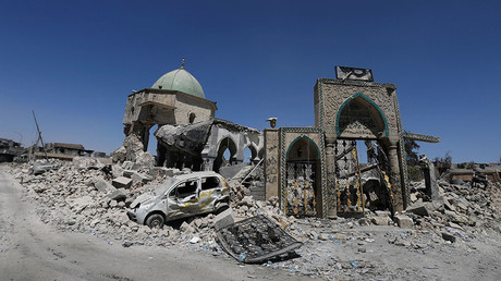 The destroyed Grand al-Nuri Mosque is seen in the Old City of Mosul, Iraq August 7, 2017. © Suhaib Salem