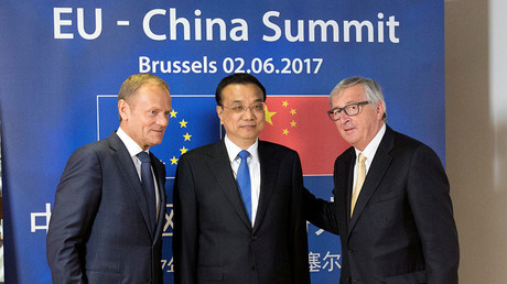 FILE PHOTO: (L-R) European Council President Donald Tusk, Chinese Premier Li Keqiang and EU Commission President Jean-Claude Juncker. © Olivier Hoslet